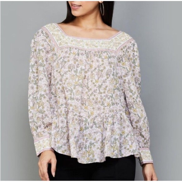 Floral Boho Prairie Peplum Tunic Top Women’s Size Large Lavender Flowy Blouse - Picture 1 of 11